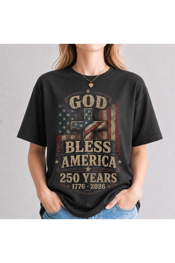 God Bless America 250 Years Shirt, 1776 2026 Patriotic Tee, Christian Cross American Flag Tshirt, USA 250th Anniversary, Mens Womens Gift, Navy 5XL