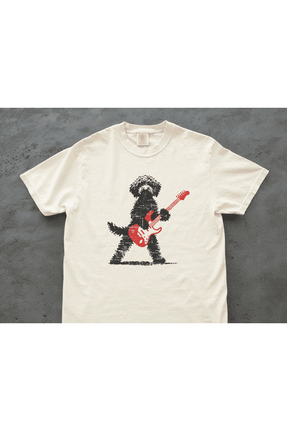 Goldendoodle Rock T-Shirt: Guitar Music Lover Tee, Doodle Mom or Dad Gift Shirt, Funny Rock Dog Style, White M