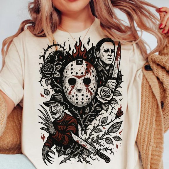CLOTEX Halloween Horror Characters Shirt, Scary Halloween Movies Shirt, Spooky Season Halloween Graphic Shirt, Trendy Retro Halloween Gift, Chambray S