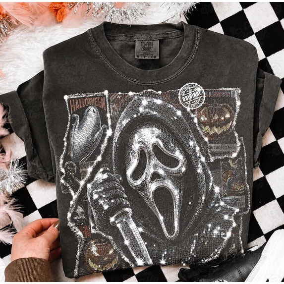 CLOTEX Horror Movie TShirt, Disco Ghost Face Graphic Tee Design, Mirror Ball Slasher Art, Retro Halloween Dark Shirt Shirt, Moss M