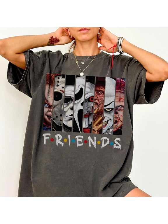 Horror Movie Villains Friends Shirt, Halloween Slasher Characters Tee, Chucky Jason Ghostface Mashup Shirt, Spooky Horror Graphic Shirt, Ivory S