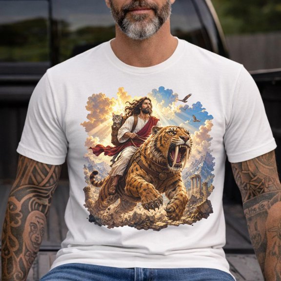 CLOTEX Jesus Riding Sabertooth Tiger Shirt, Funny Cat Backpack T-Shirt, Christian Meme Shirt, Weird Jesus Tee, Cat Lover Gift, Funny Husband Shirt, Black S