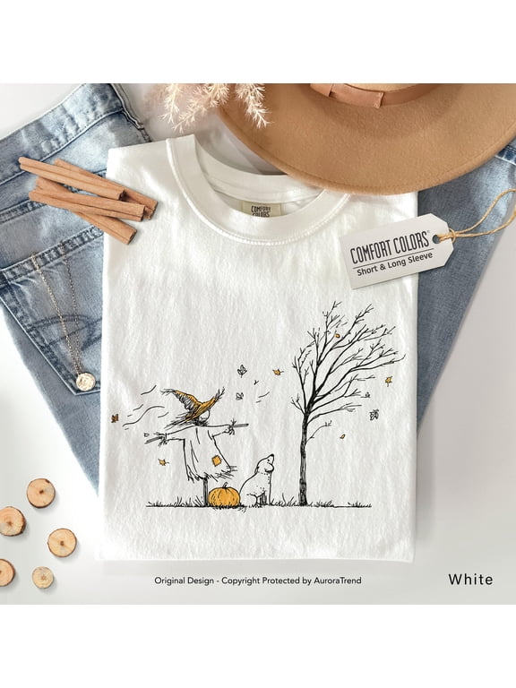 Minimalist Halloween Scarecrow Dog Tree Pumpkin Shirt, Comfort Colors, Cottagecore Fall Outfit, Pumpkin Patch Tee Vintage Autumn Long Sleeve, Moss S