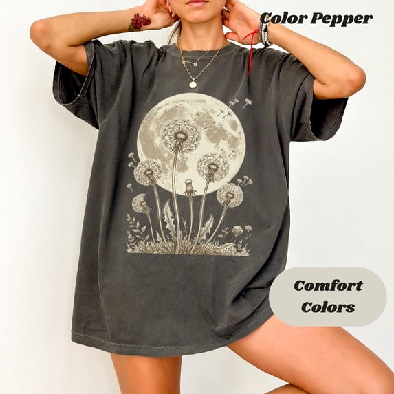 CLOTEX Moon and Dandelion Comfort Colors Shirt Cottagecore Graphic Tee Vintage Botanical Moon Shirt Boho Nature Tee Cozy Aesthetic Apparel, Blue Jean M