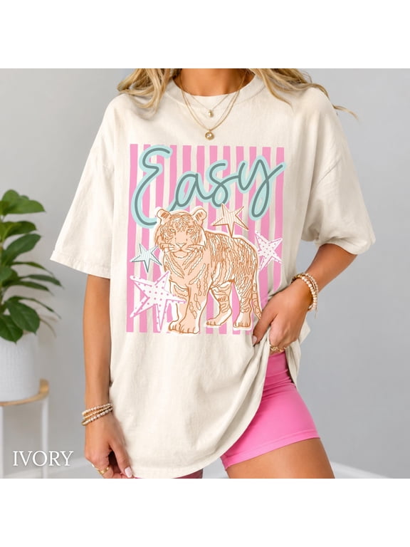 Preppy Easy Tiger Shirt Colorful Graphic Tee Oversized Stripe Sunmer Tshirt Comfort Colors Clothes Trendy Shirt Aesthetic, Ivory S