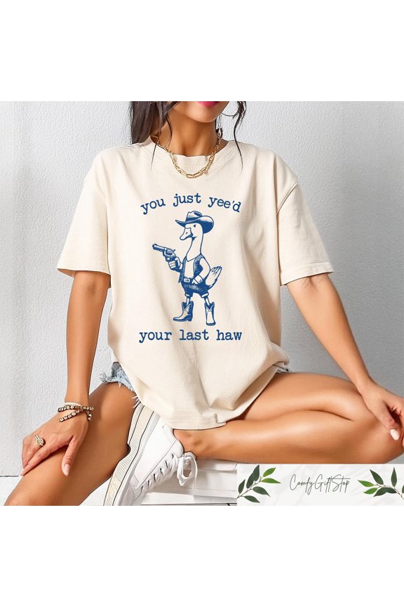Retro Funny Cowboy Duck T-Shirt, Western Style Unisex Tee, White S
