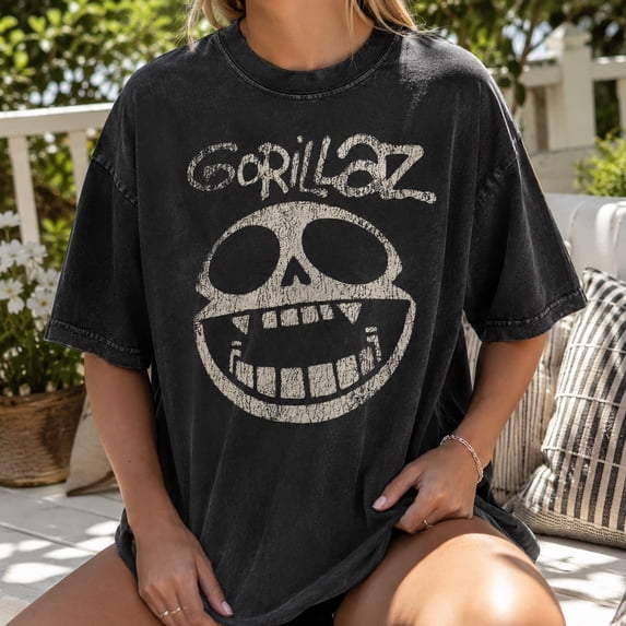 CLOTEX Retro Gorillaz Skull Graphic Tee, Vintage Washed Oversized Band T Shirt, 90s Music Comfort Colors®, Black S