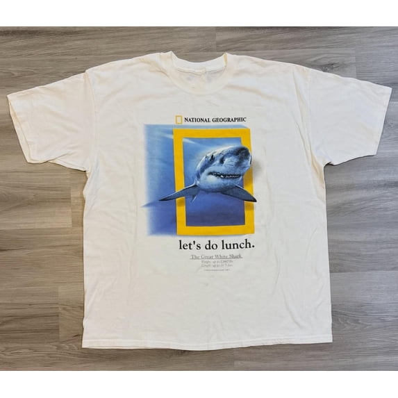 CLOTEX Retro National Geographic Let's Do Lunch Shark Graphic T-Shirt, Chambray M
