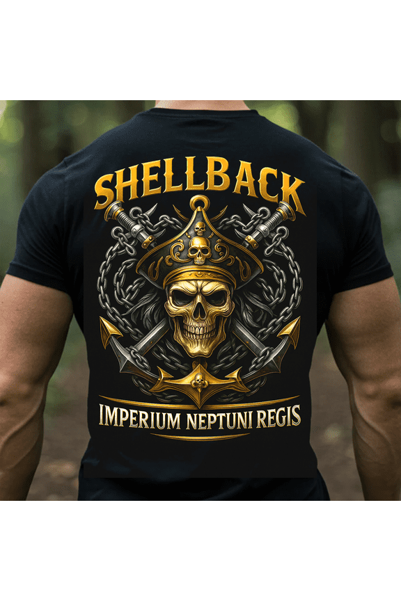 Shellback Navy T-Shirt, Imperium Neptuni Regis Skull Anchor Design Crossing the Line Gift, Navy S