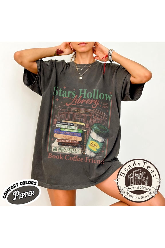 Stars Hollow Library T-Shirt, Aesthetic Book Lover Graphic Tee, Small Town Library Coffee Shirt, Coffee and Books Gilmore Inspired Top, Black S