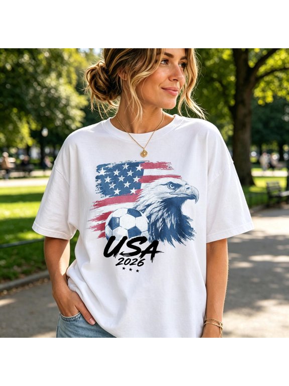 USA 2026 Eagle Soccer Graphic Tee | Vintage Football Patriotic Shirt | American F.lag Sports Fan Casual Unisex Top, Ivory S