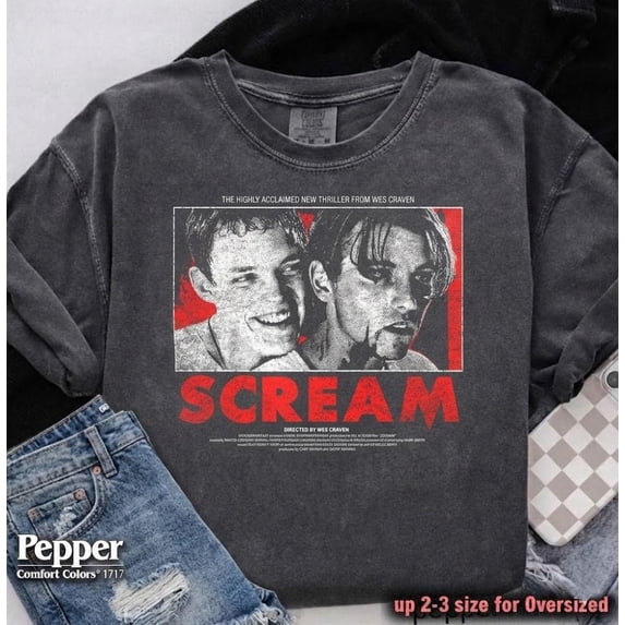CLOTEX Vintage 90s Scream Movie T-Shirt | Billy Loomis & Stu Macher Retro Graphic Tee | Horror Film Shirt | Classic Slasher Apparel | Halloween, Denim 3XL