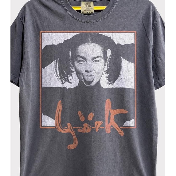 CLOTEX Vintage Bjork Shirt | 90s Alternative Indie Rock Graphic Tee | Bjork Tongue Out Pigtails Shirt | Retro Washed Brown Tee Music Fan Gift os, Denim M