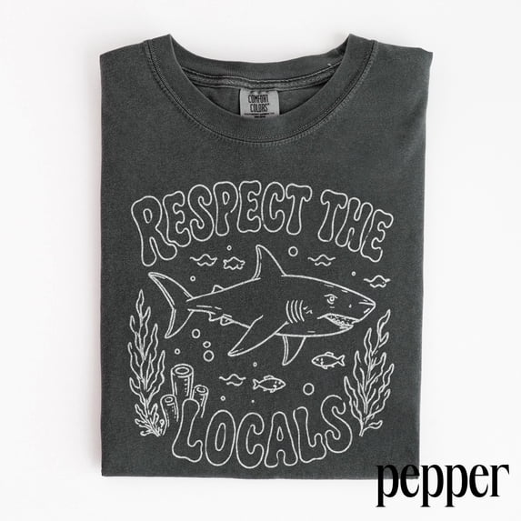 CLOTEX Vintage Respect The Locals Shark Graphic Tee, Ocean Predator Wildlife Shirt, Coastal Retro Beach Style Top, Comfort Colors® Shark Gift Tee, Pepper XL