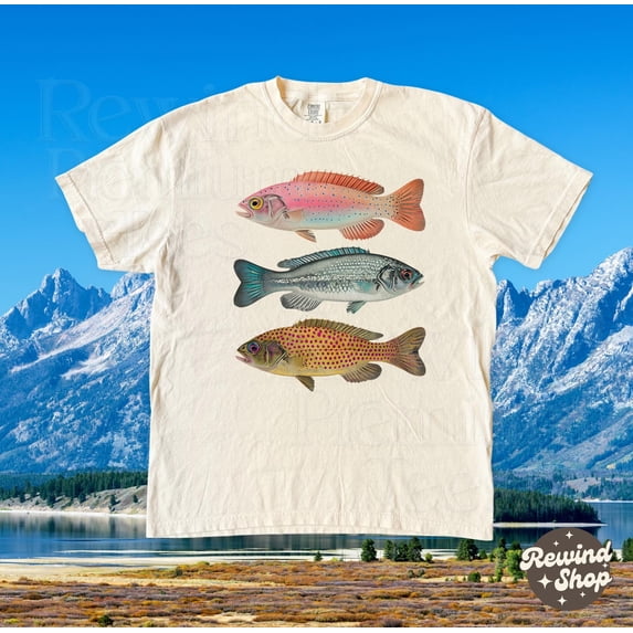 CLOTEX Vintage Three Colorful Fish Shirt - Nature Lover Comfort Colors Graphic Tee - Retro Fishing T-Shirt, Pepper 3XL