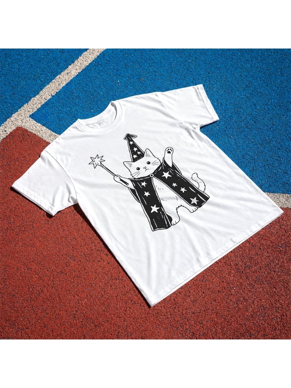 Wizard Cat T-Shirt: Minimalist Magic Kitten Graphic Tee, Halloween Pet Shirt, Blue Jean S