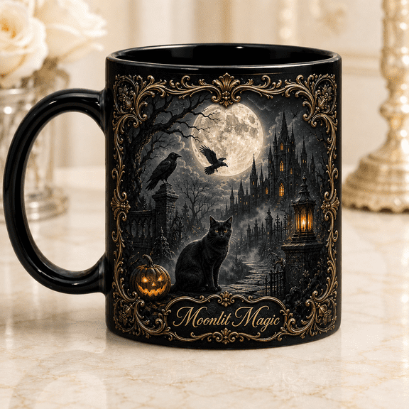 CLOUD MANOR Gothic Coffee Mug Full Moon Black Cat Halloween