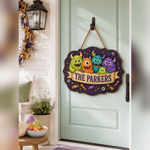 CLOUD MANOR Personalized Door Sign Cute Monster Halloween