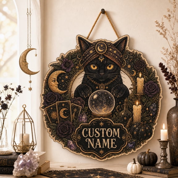 CLOUD MANOR Personalized Door Sign Mystic Black Cat Welcome