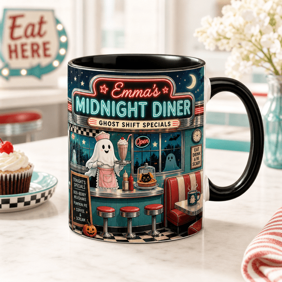 CLOUD MANOR Personalized Mug Halloween Retro Diner Ghost Shift