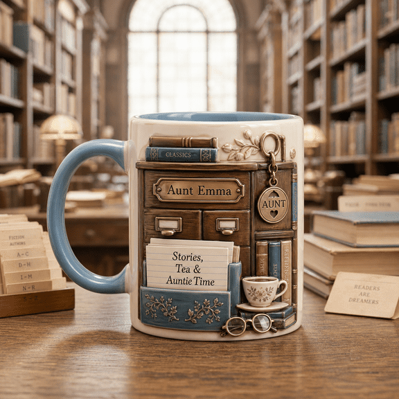 CLOUD MANOR Personalized Mug Librarian Aunt Card Catalog
