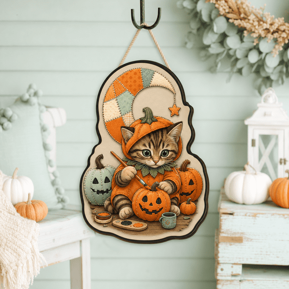 CLOUD MANOR Playful Wooden Door Sign Halloween Cat Pumpkin