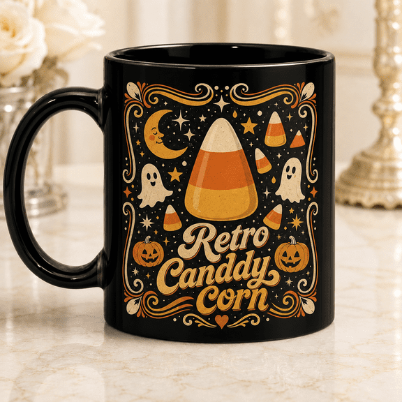 CLOUD MANOR Retro Mug With Candy Corn Halloween Art
