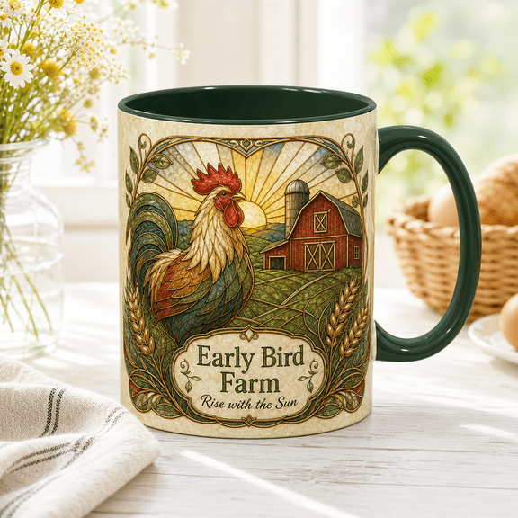 CLOUD MANOR Stained Glass Mug Rooster Barn Sunrise