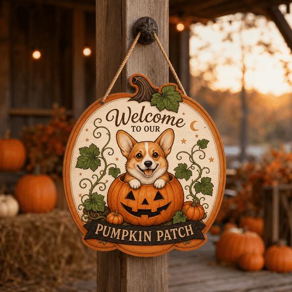 CLOUD MANOR Wooden Door Hanger Corgi Pumpkin Patch Halloween