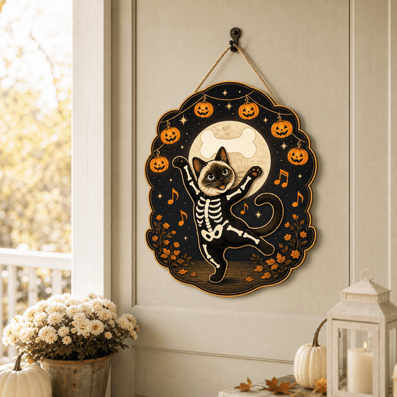 CLOUD MANOR Wooden Door Sign Siamese Skeleton Cat Halloween