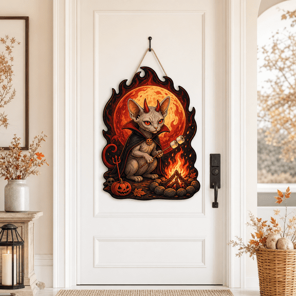 CLOUD MANOR Wooden Door Sign Sphynx Devil Cat Halloween