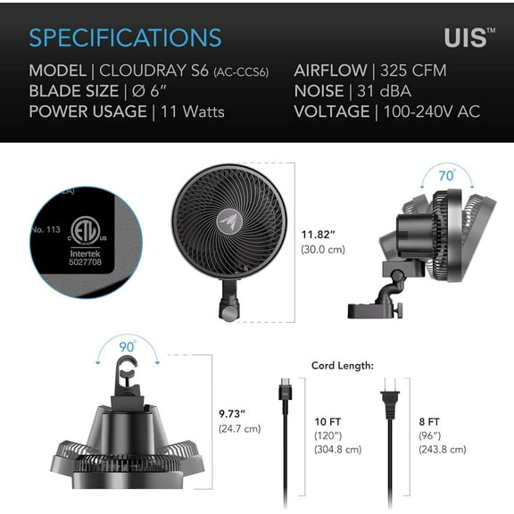 CLOUDRAY S6 Grow Tent Clip Fan 6 Inch with EC Motor, 10 Speeds & Oscillation, IP54 Weatherproof for Hydroponics Cooling