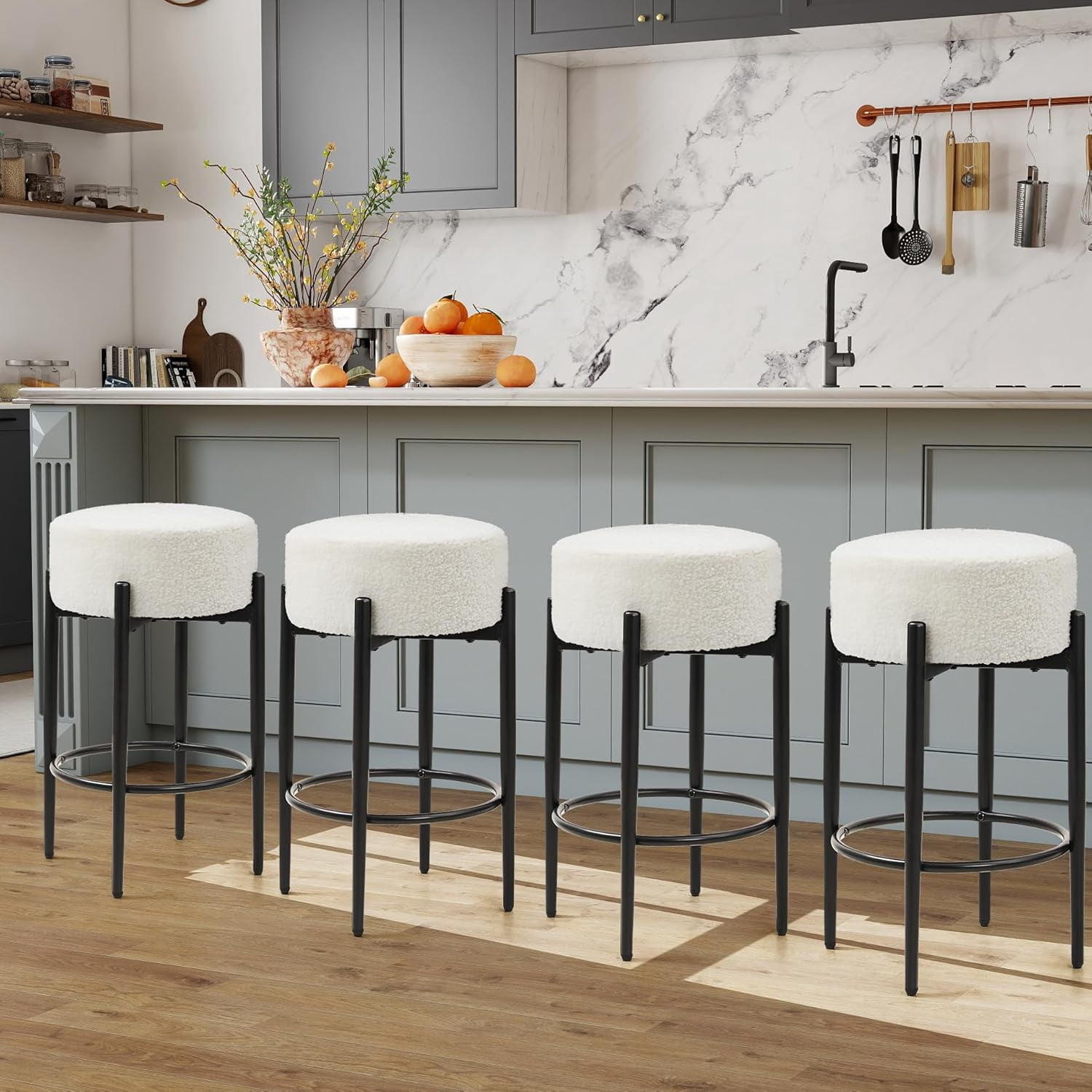 CLOUDREST PRO 24”Counter Height Bar Stools, Modern Velvet Bar Stools, Dinning Chair with Steel Legs for Kitchen Island - White, Set of 4