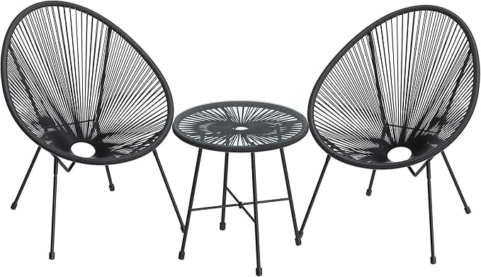 CLOUDREST PRO 3-Piece Outdoor Seating Acapulco Chair, Modern Patio Furniture Set, Glass Top Table and 2 Chairs, Indoor and Outdoor Conversation Bistro Set, Ink Black