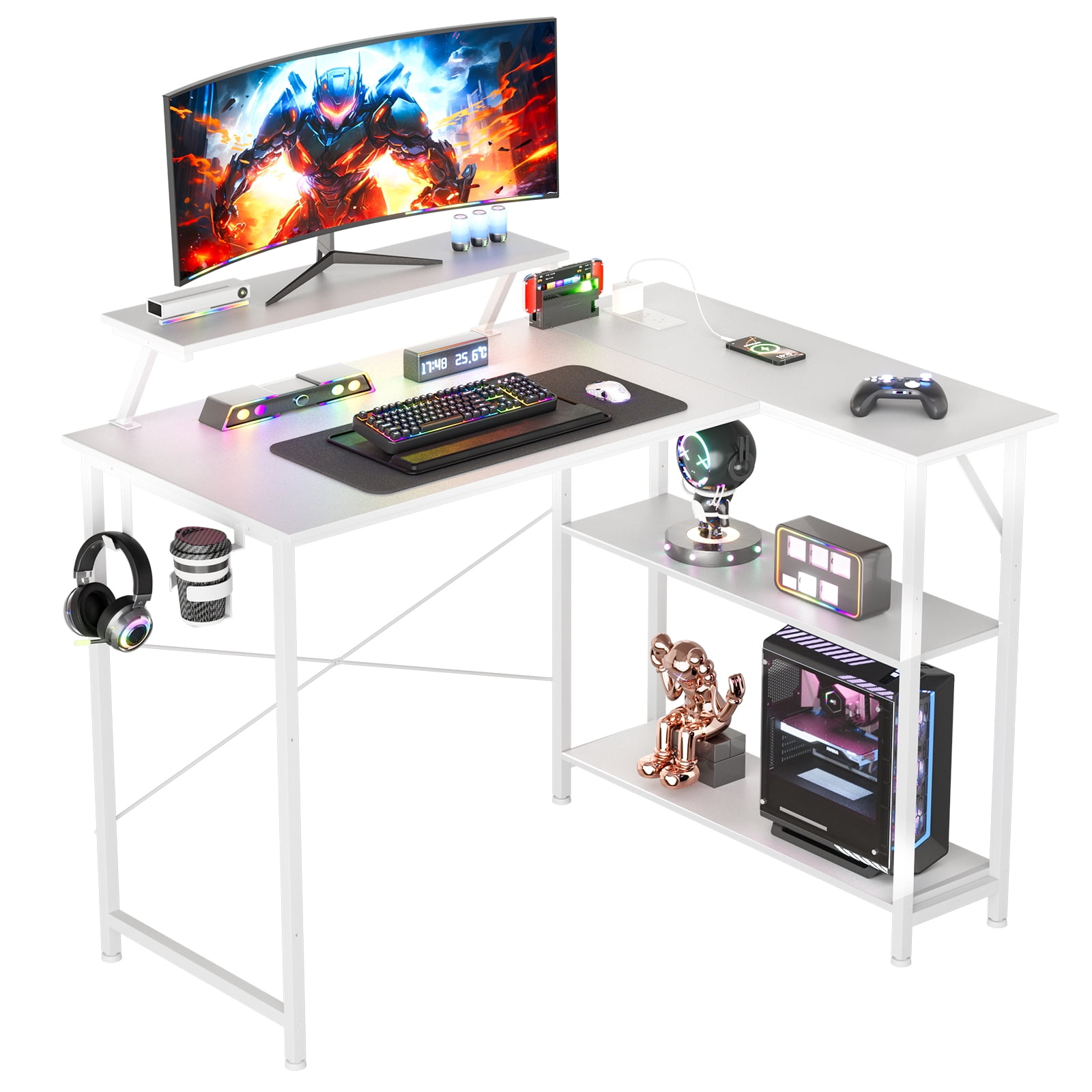 CLOUDREST PRO 42" L-Shaped Computer Desk, Power Outlets & RGB LEDs, White