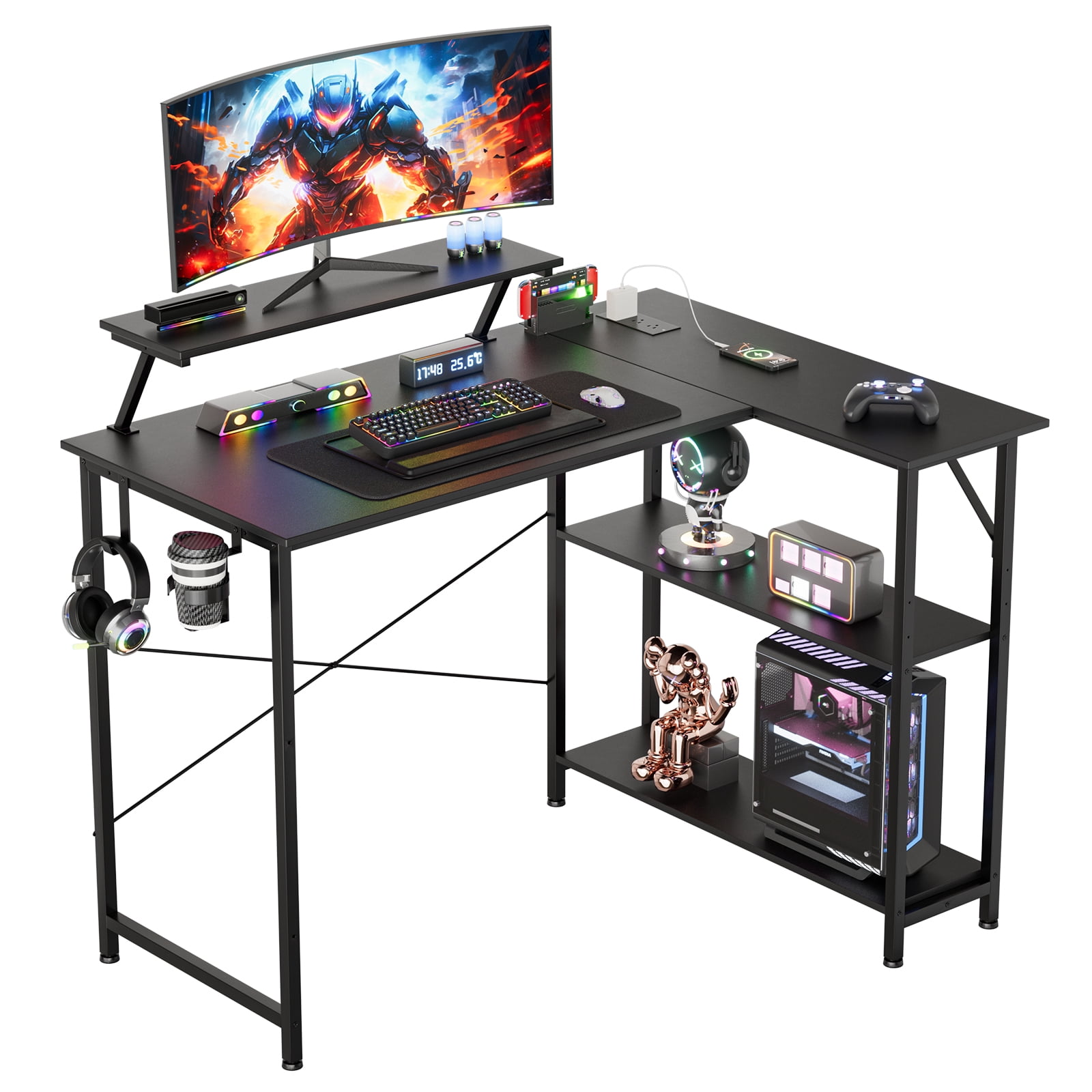 CLOUDREST PRO 42" L-Shaped Gaming Desk, Power Outlets & RGB LEDs, Black