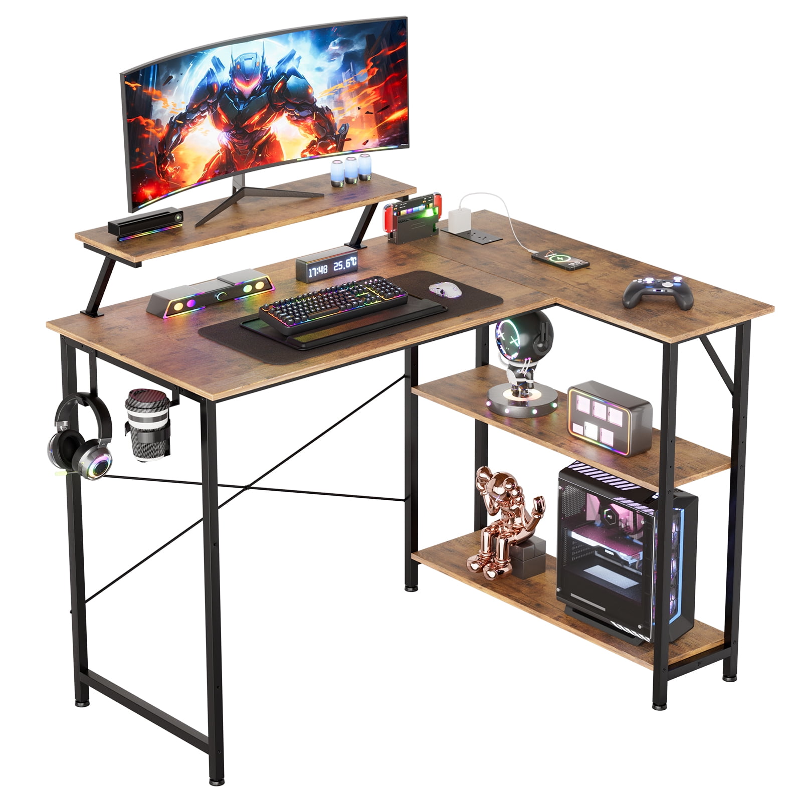 CLOUDREST PRO 42" L-Shaped Gaming Desk, Power Outlets & RGB LEDs, Brown