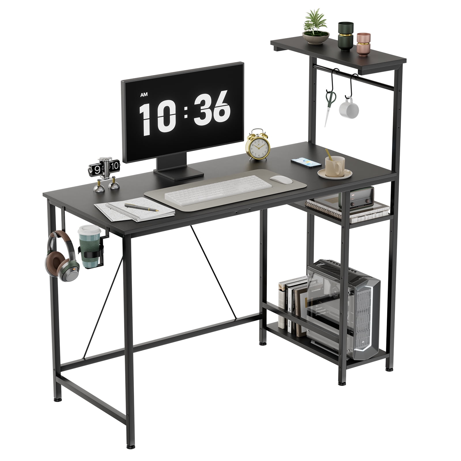 CLOUDREST PRO 44-Inch Computer Desk with LED Lights and 4-Tier Storage Shelves, Black