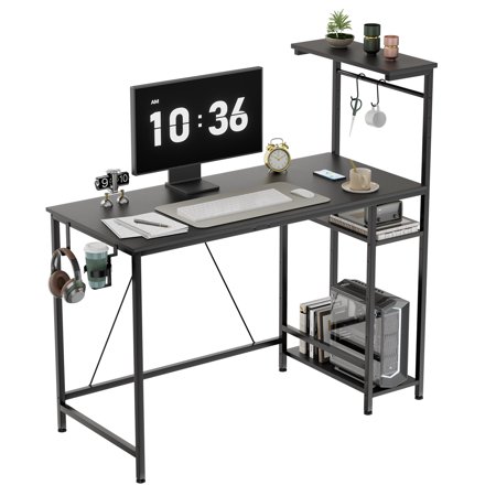 CLOUDREST PRO 44-Inch Computer Desk with LED Lights and 4-Tier Storage Shelves, Black