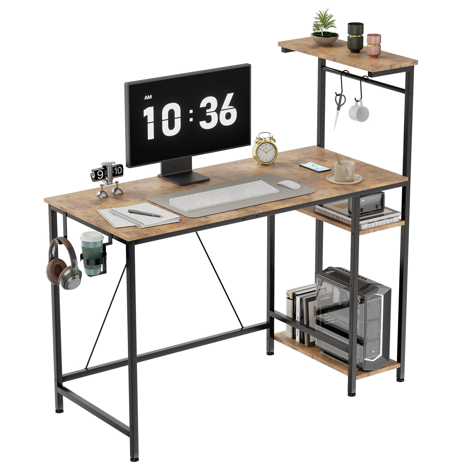CLOUDREST PRO 44-Inch Computer Desk with LED Lights and 4-Tier Storage Shelves, Rustic Brown