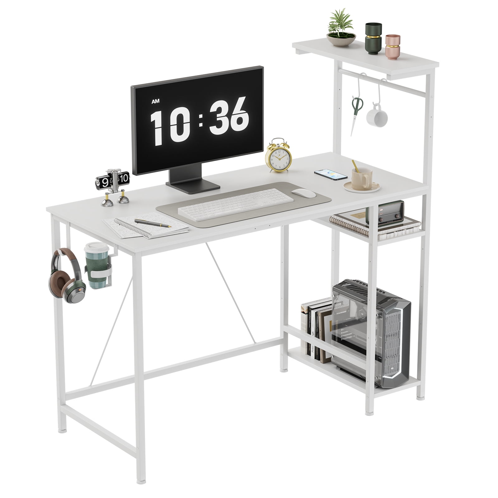 CLOUDREST PRO 44-Inch Computer Desk with LED Lights and 4-Tier Storage Shelves, White