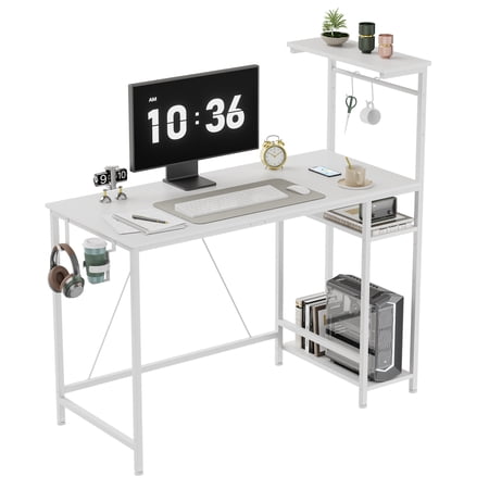 CLOUDREST PRO 44-Inch Computer Desk with LED Lights and 4-Tier Storage Shelves, White