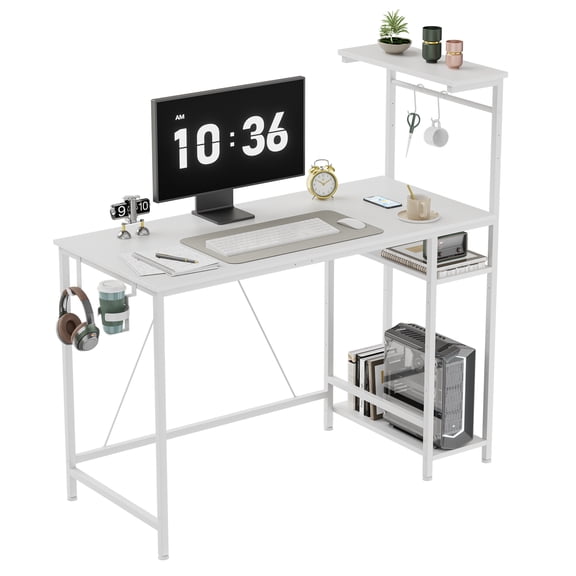 CLOUDREST PRO 44-Inch Computer Desk with LED Lights and 4-Tier Storage Shelves, White