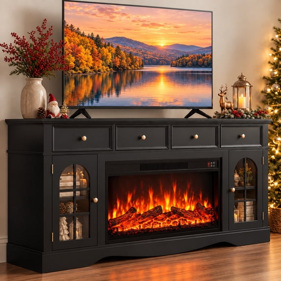 CLOUDREST PRO Electric Fireplace TV Stand for TVs up to 80", 36" Insert, Black