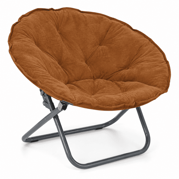 CLOUDREST PRO Soft Plush Folding Saucer Chair for Adults, Padded Round Lounge Seat, Metal Frame, 300 lb Capacity, Brown