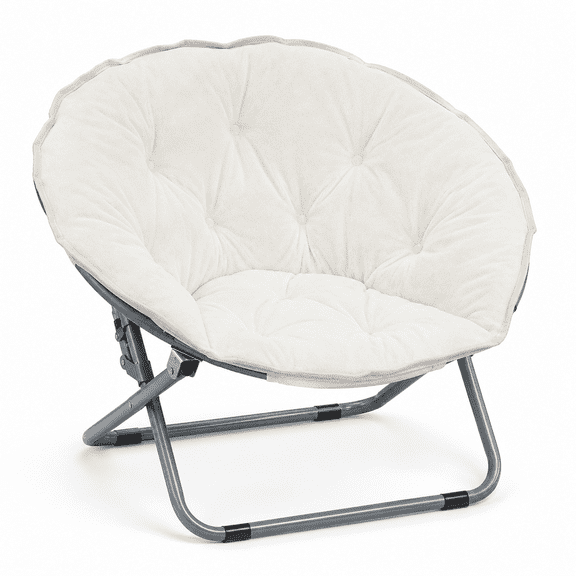 CLOUDREST PRO Soft Plush Folding Saucer Chair for Adults, Padded Round Lounge Seat, Metal Frame, 300 lb Capacity, White