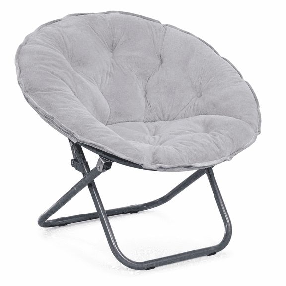CLOUDREST PRO Soft Plush Folding Saucer Chair for Adults, Padded Round Lounge Seat, Metal Frame, 300 lb Capacity, Gray