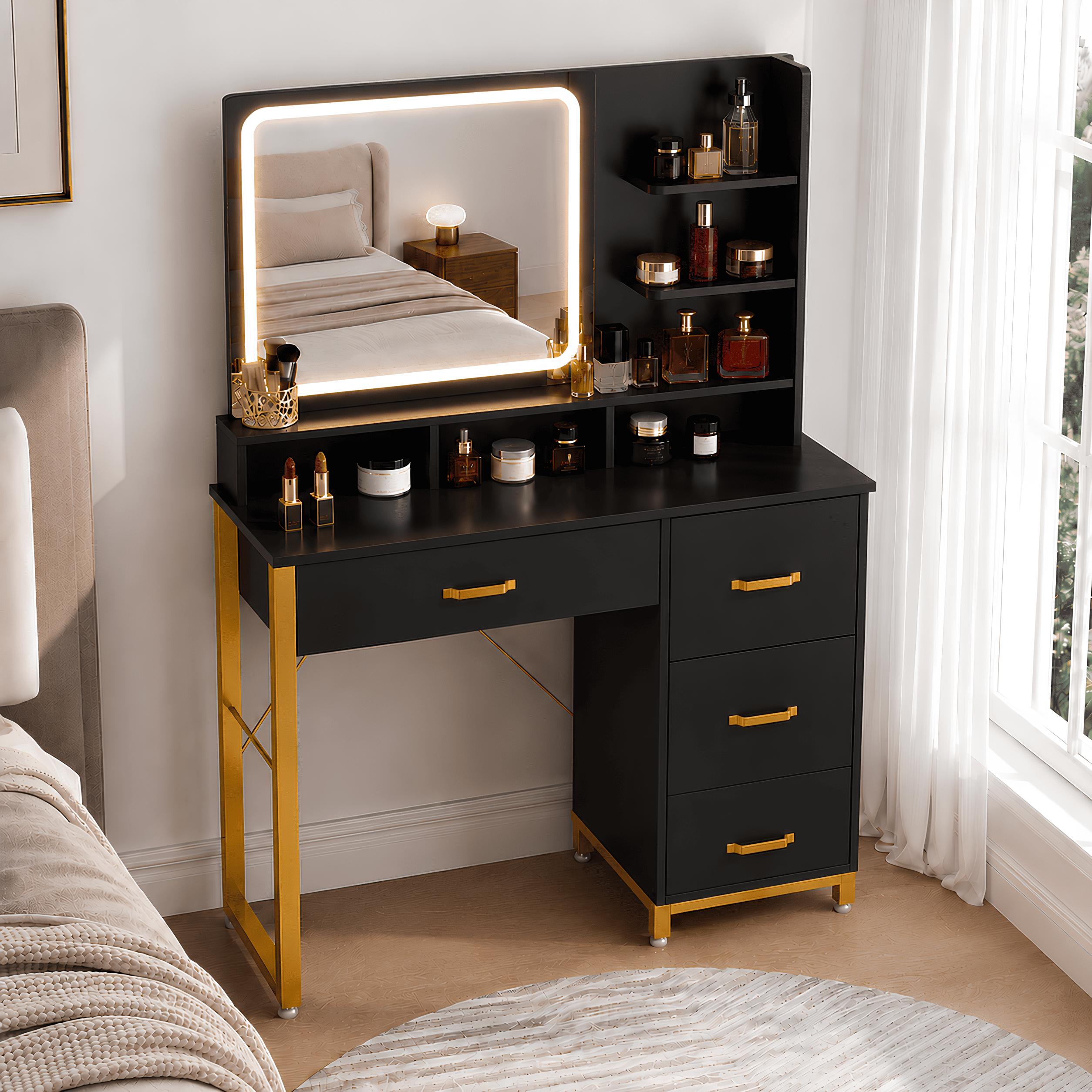CLOUDREST PRO Makeup Vanity Desk with LED Lighted Mirror for Bedroom, 3 Color Lighting Modes, Storage Drawers & Open Shelves, Gold & White Beauty Dressing Table for Women, Black
