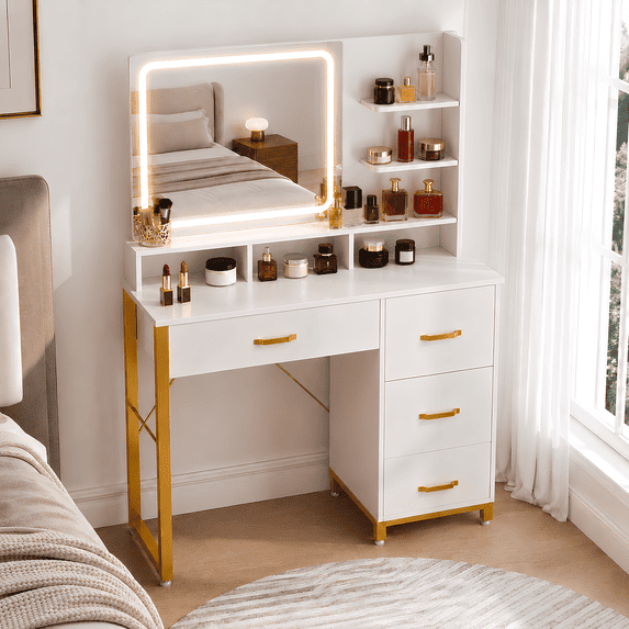 CLOUDREST PRO Makeup Vanity Desk with LED Lighted Mirror for Bedroom, 3 Color Lighting Modes, Storage Drawers & Open Shelves, Gold & White Beauty Dressing Table for Women, White