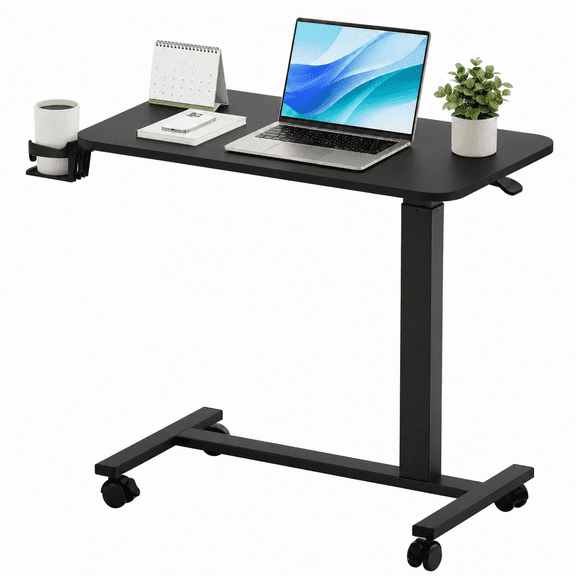 CLOUDREST PRO Mobile Standing Desk with Lockable Wheels, 32 x 18 Inch Pneumatic Adjustable Height Rolling Laptop Table, 28 to 41 Inch Portable Workstation with Cup Holder for Home Office, Black